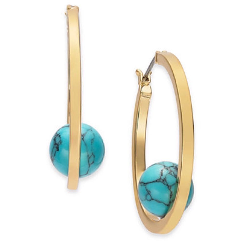 Alfani Gold-Tone Medium Turquoise Blue Stone Ball 1.5" Hoop Earrings New